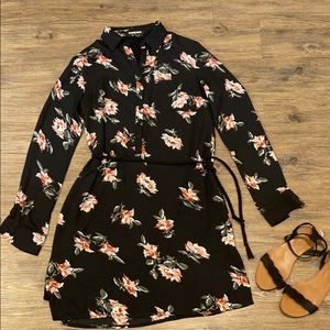 Elegant black floral long sleeve shirt dress